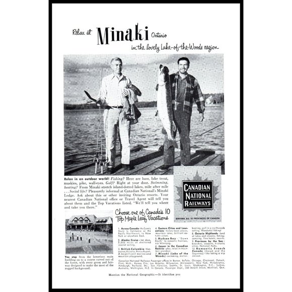 1953 Canadian National Railways CN Rail Vintage Print Ad Minaki Lodge Fishing - Picture 1 of 1